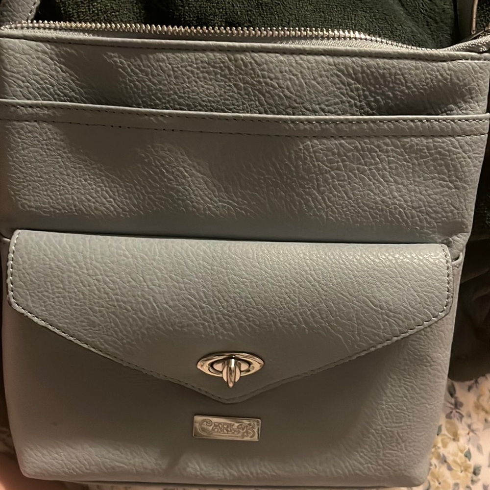 Brand: Carlos by Carlos Santana, medium size crossbody purse, baby blue
